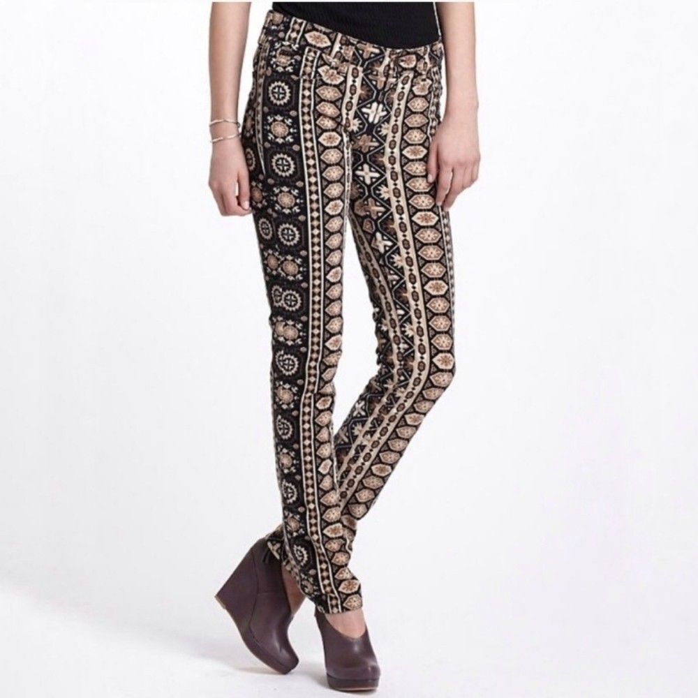 PILCRO Brown Serif Boho Printed Corduroy Micro Cord Skinny Pants Hippie SIZE 28